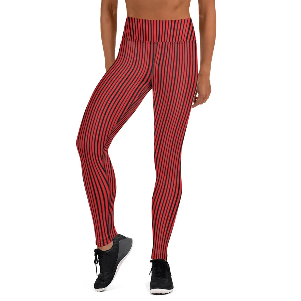 Red Black Striped Yoga Leggings, Vertically Stripes Women's Long Tights-Made in USA/EU/MX