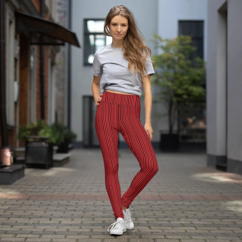 Red Black Striped Yoga Leggings, Vertically Stripes Women's Long Tights-Made in USA/EU/MX