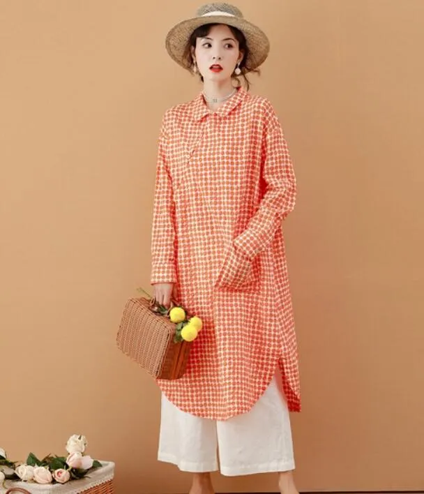 Red Checked Women Dresses Ramie Casual Spring Linen Women Dresses MN97215