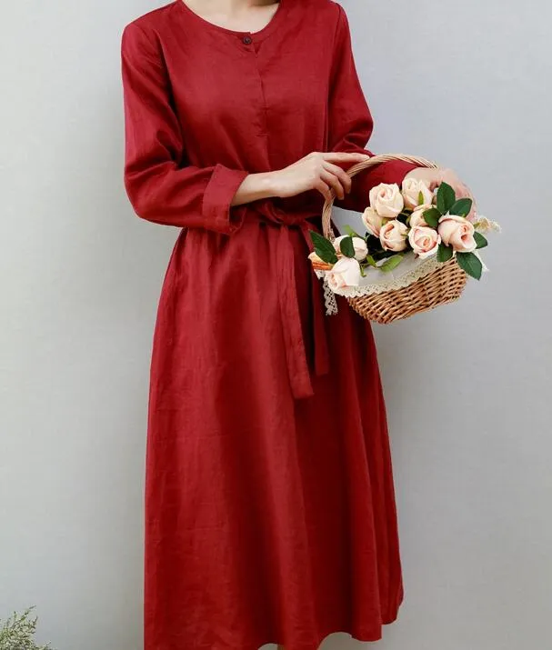 Red Women Dresses Ramie Casual Spring Linen Women Dresses MN97215