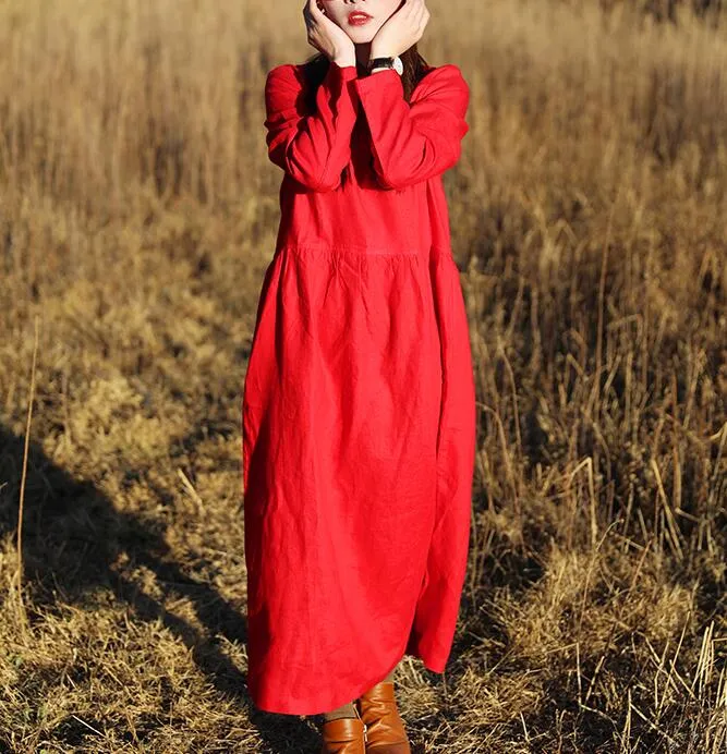 Red Women Dresses Ramie Casual Spring Linen Women Dresses With Waist BeltSSM97215