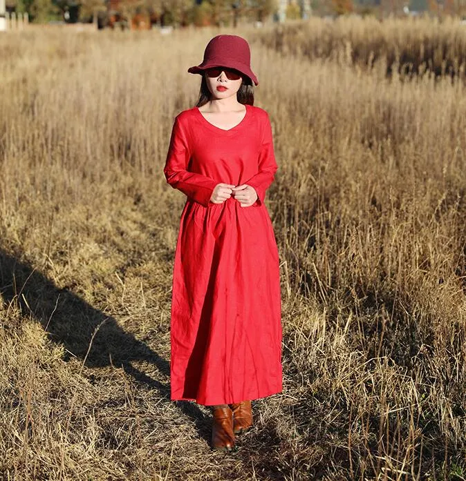 Red Women Dresses Ramie Casual Spring Linen Women Dresses With Waist BeltSSM97215