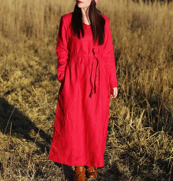 Red Women Dresses Ramie Casual Spring Linen Women Dresses With Waist BeltSSM97215