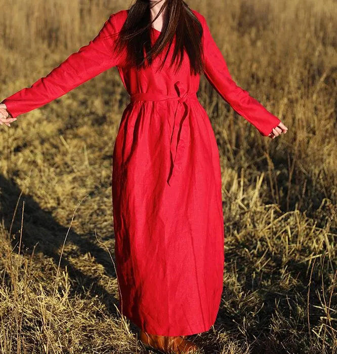 Red Women Dresses Ramie Casual Spring Linen Women Dresses With Waist BeltSSM97215
