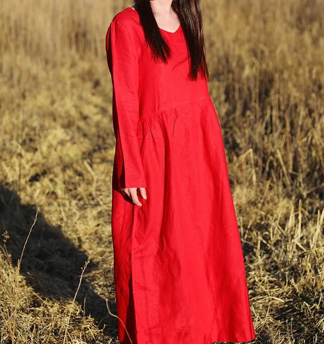 Red Women Dresses Ramie Casual Spring Linen Women Dresses With Waist BeltSSM97215