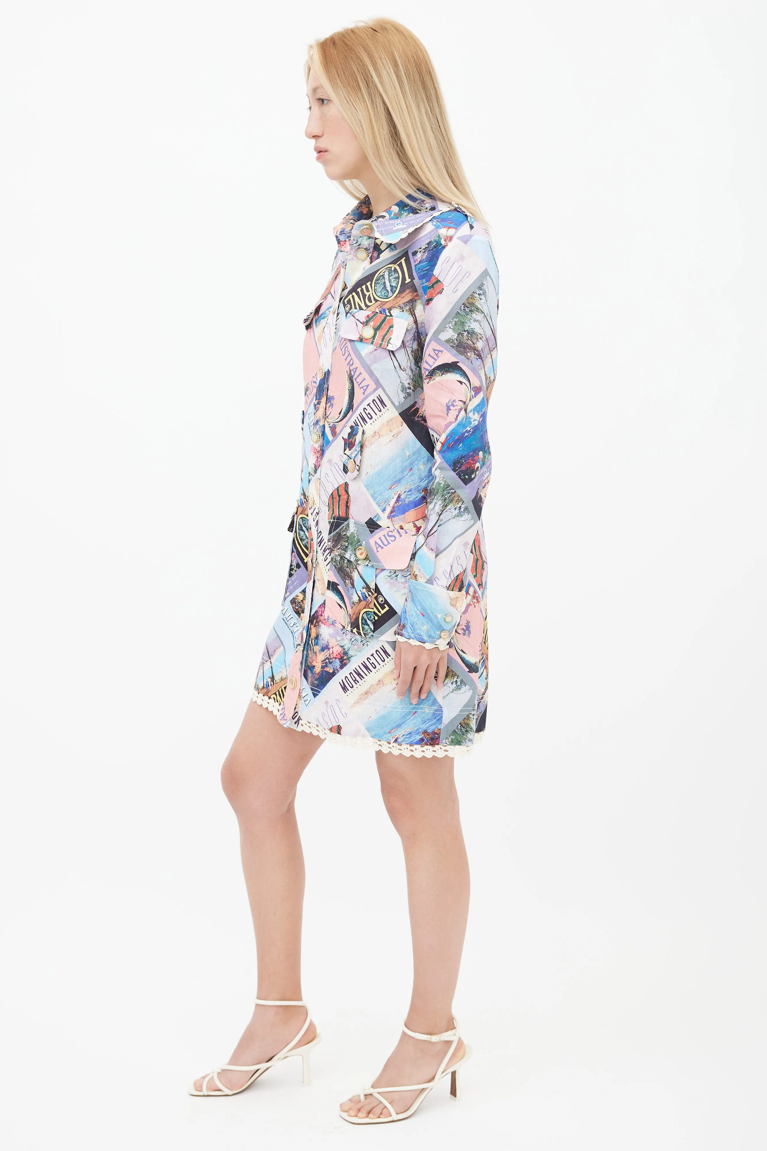 Resort 2022 Multicolor Postcard Print Shirt Dress
