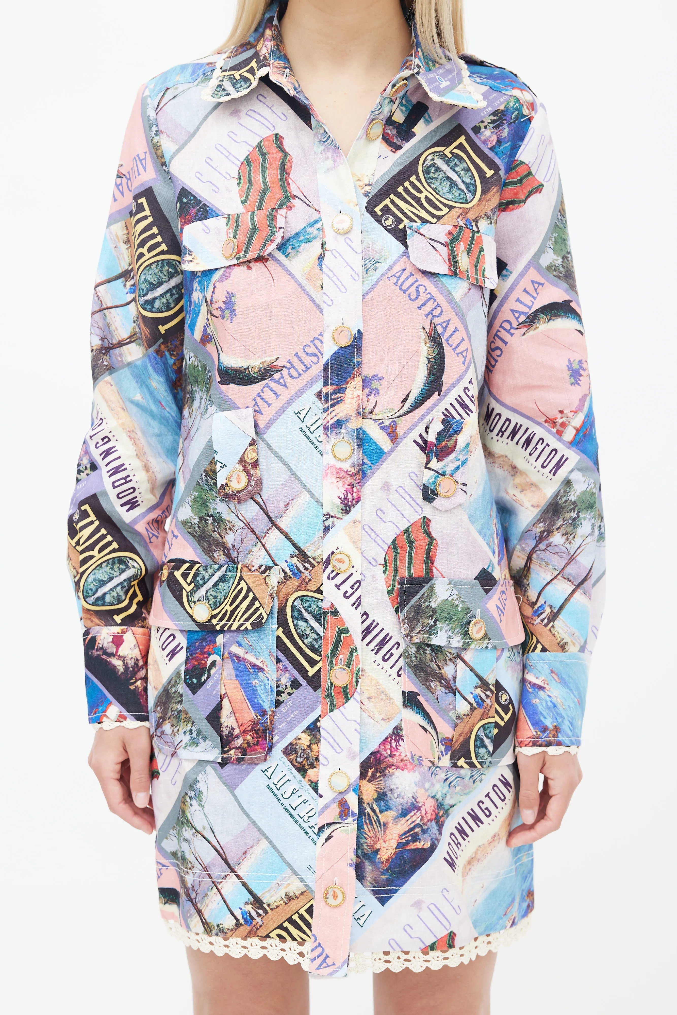 Resort 2022 Multicolor Postcard Print Shirt Dress