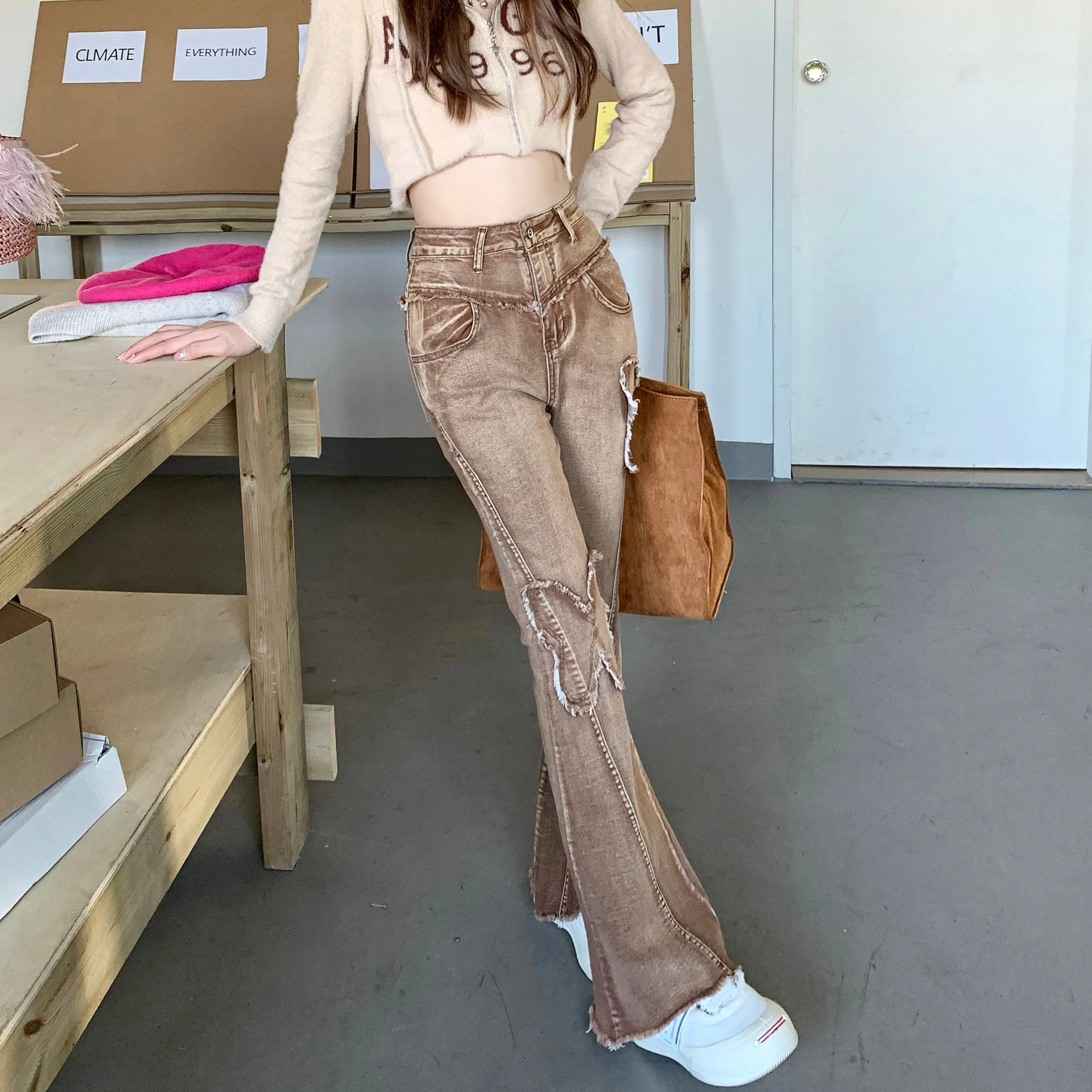 Retro Butterfly Brown High Waist Wide Leg Jeans