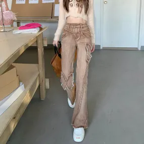 Retro Butterfly Brown High Waist Wide Leg Jeans