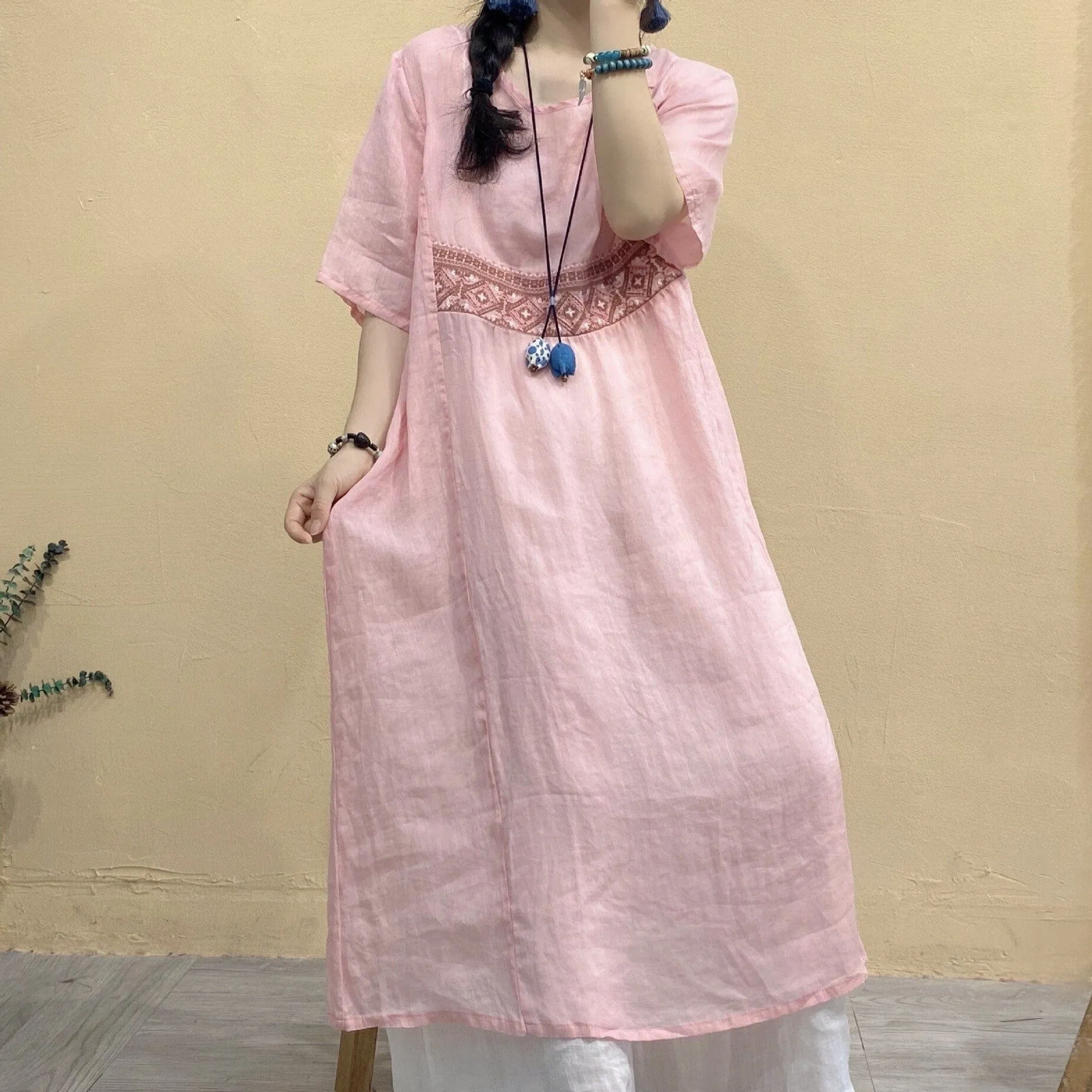 Retro Ramie Patchwork Dress