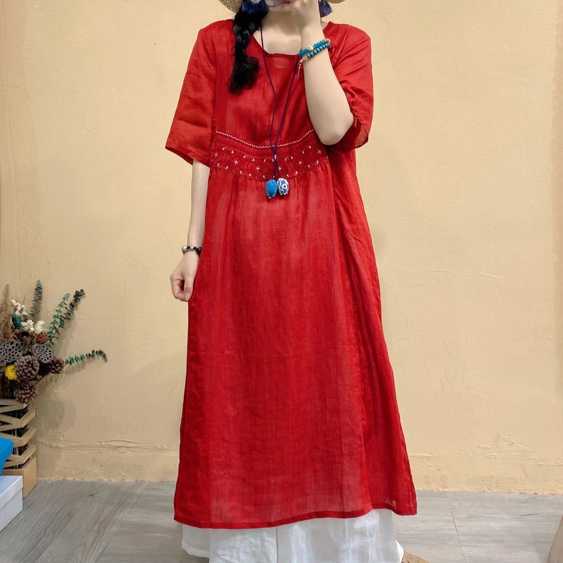 Retro Ramie Patchwork Dress