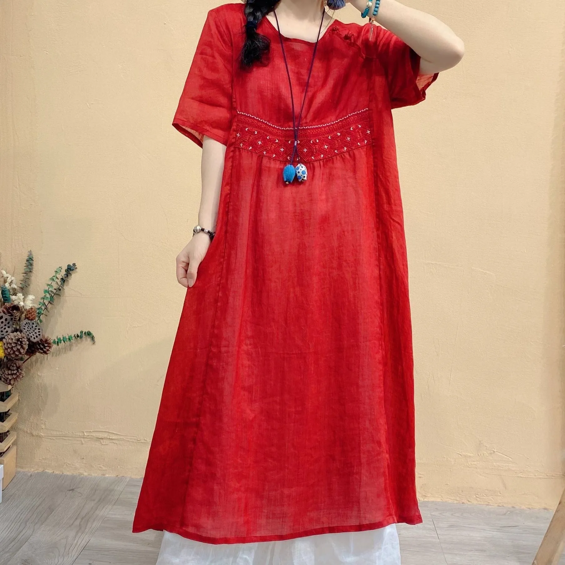 Retro Ramie Patchwork Dress