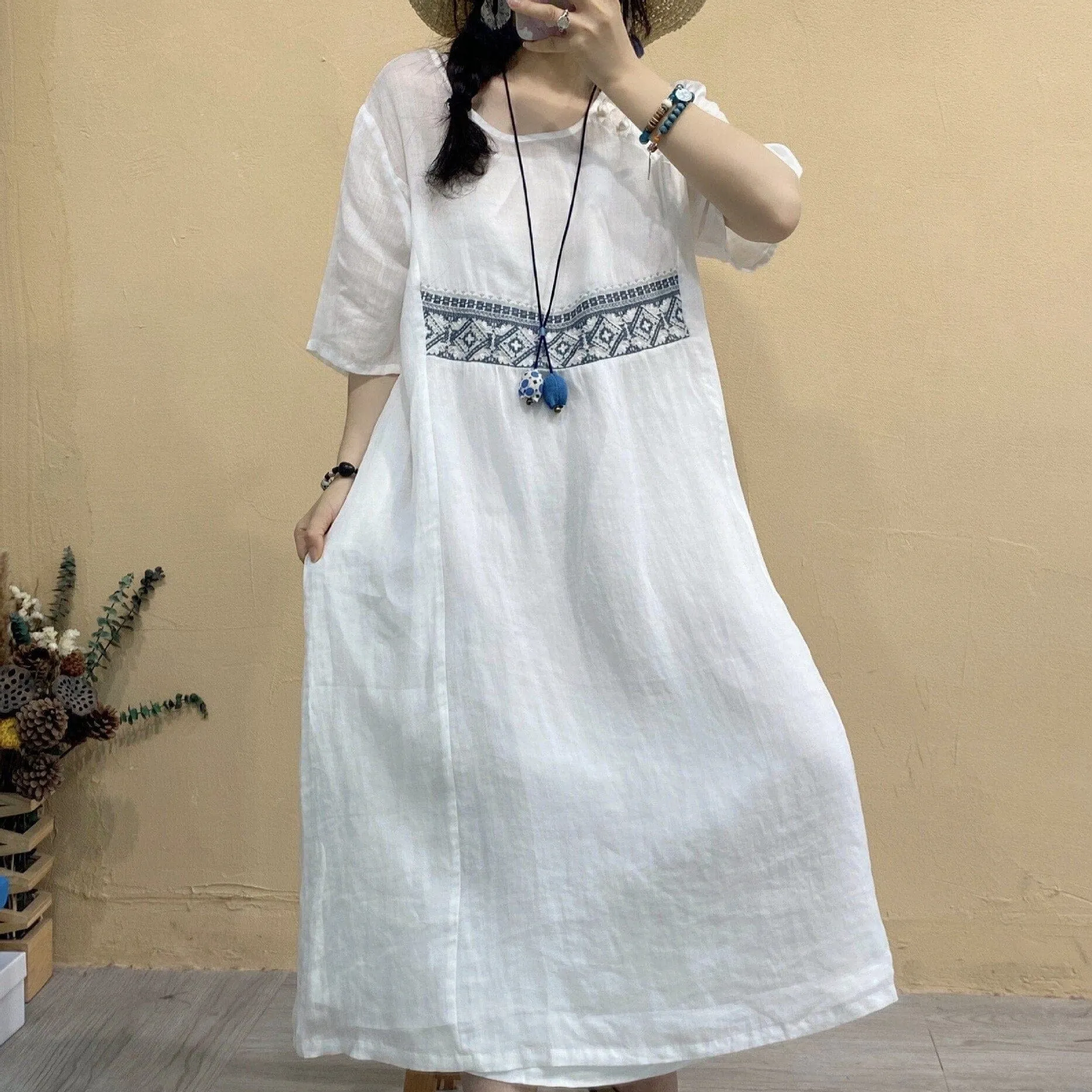 Retro Ramie Patchwork Dress