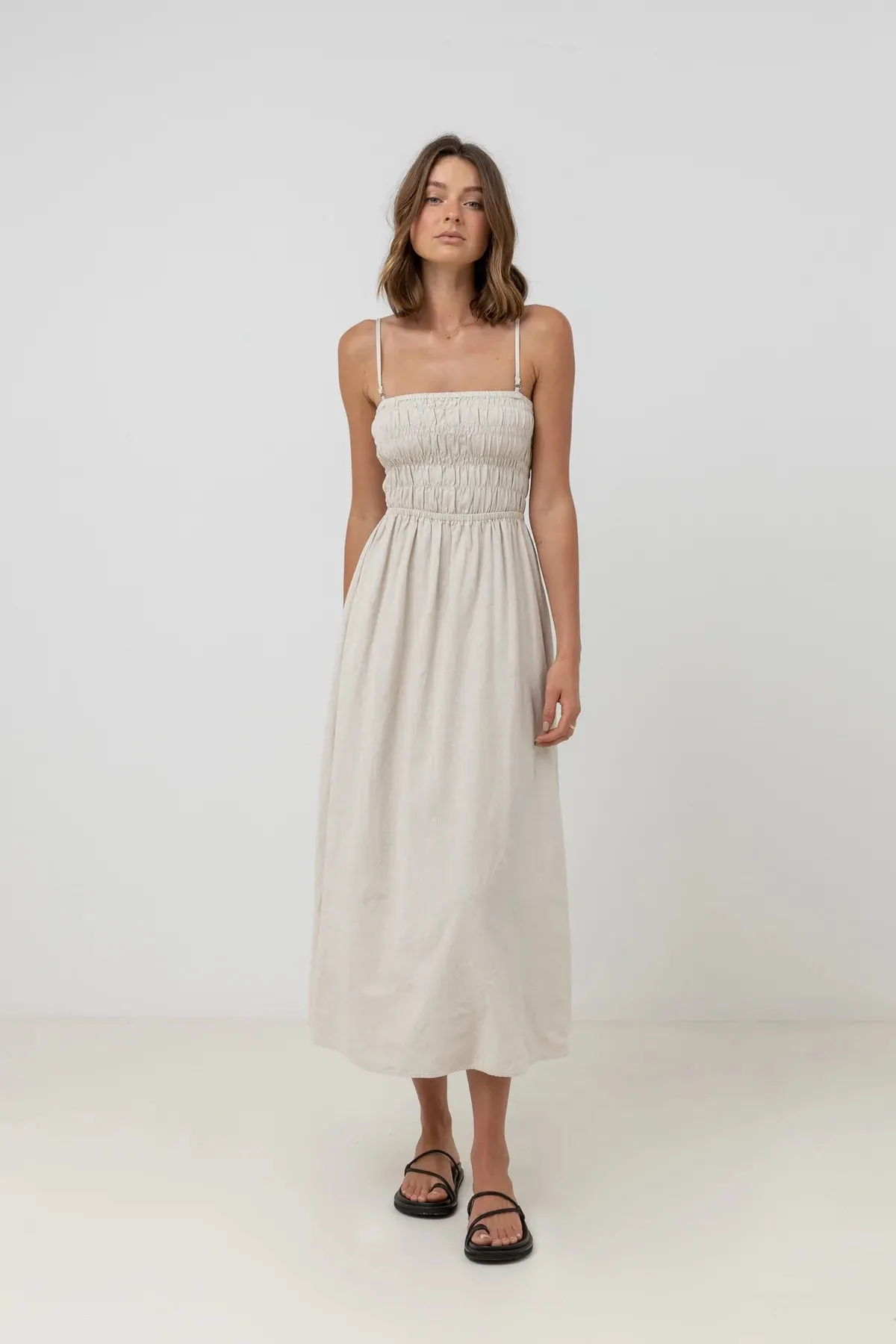 Rhythm Womens Classic Shirred Midi Dress