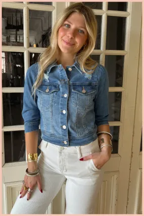 RISEN Shirring Sleeve Cropped Denim Jacket