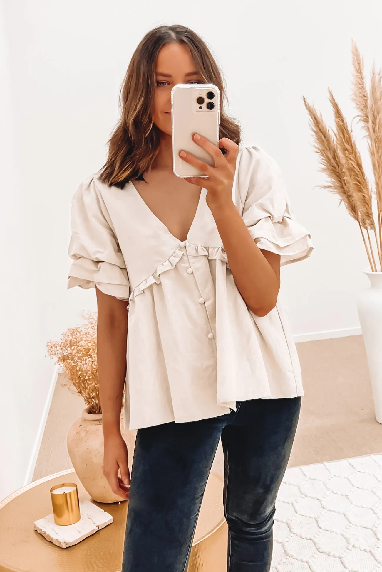 Rosa Linen Babydoll Top Natural