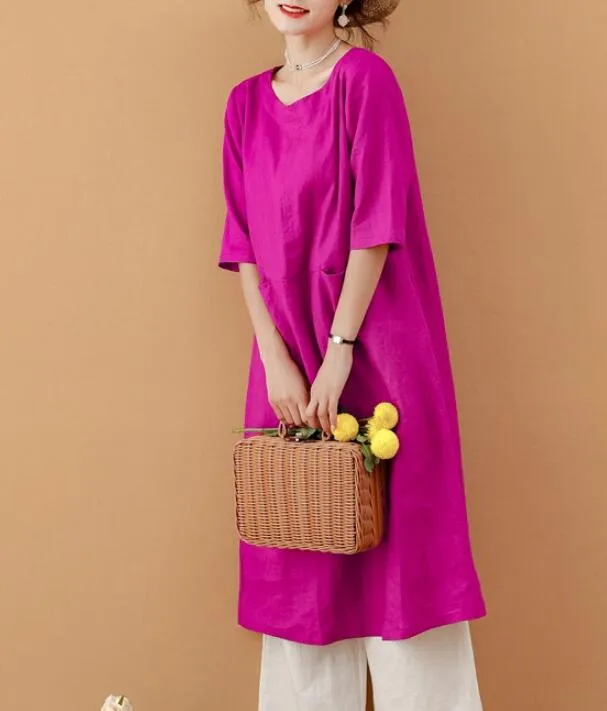 Rose Red Women Dresses Ramie Casual Spring Linen Women Dresses MN97215