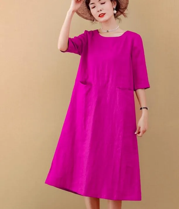 Rose Red Women Dresses Ramie Casual Spring Linen Women Dresses MN97215