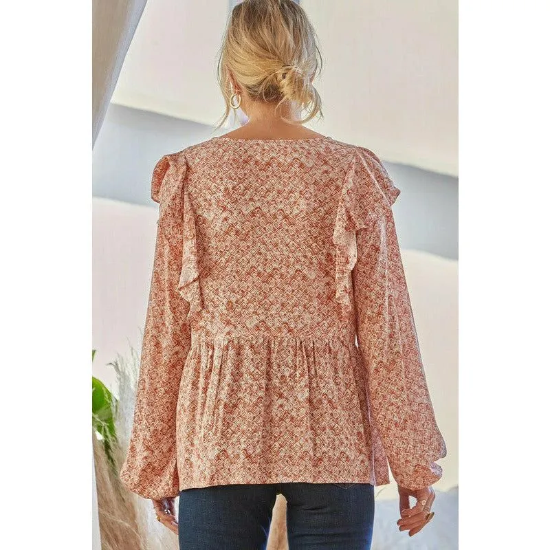 Rustic Babydoll Long Sleeve with Ruffle Detail Blouse