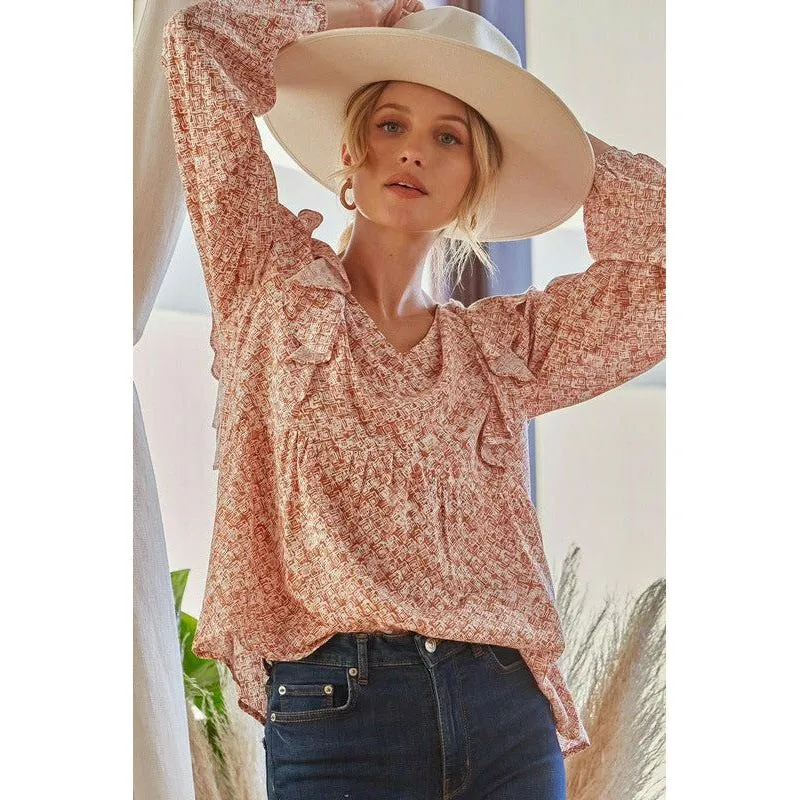 Rustic Babydoll Long Sleeve with Ruffle Detail Blouse