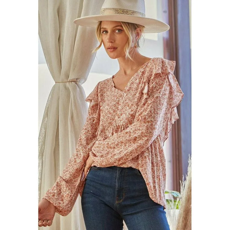 Rustic Babydoll Long Sleeve with Ruffle Detail Blouse