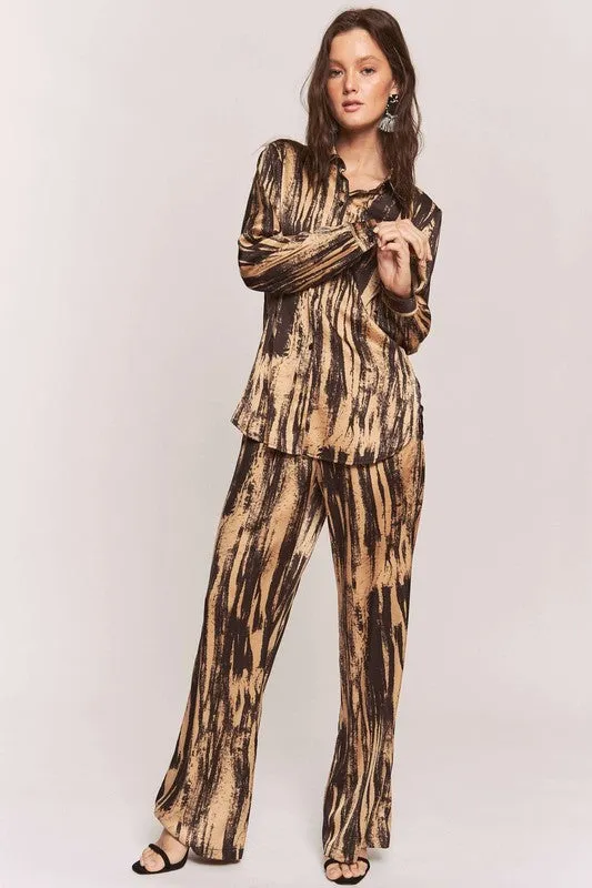 Satin Zebra Button Down Shirt   WideLeg Pants Set