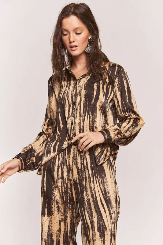 Satin Zebra Button Down Shirt   WideLeg Pants Set