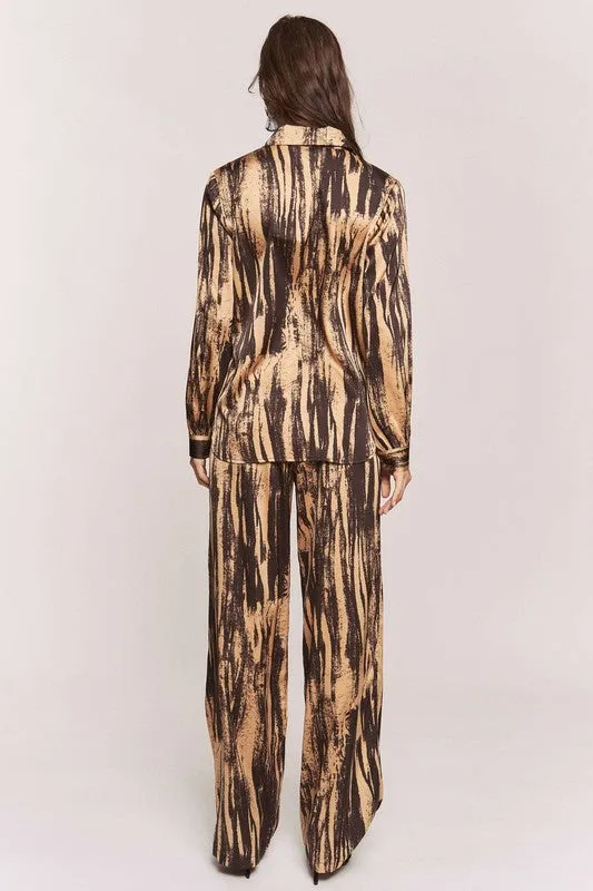 Satin Zebra Button Down Shirt   WideLeg Pants Set