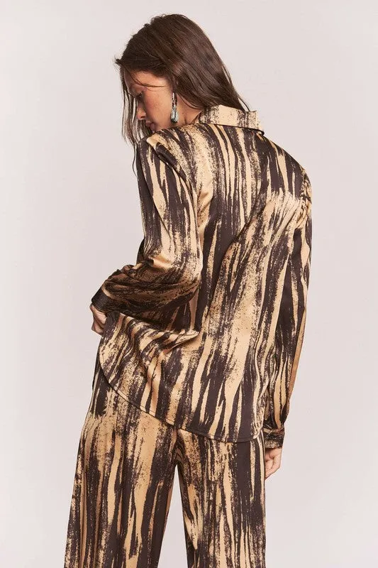 Satin Zebra Button Down Shirt   WideLeg Pants Set