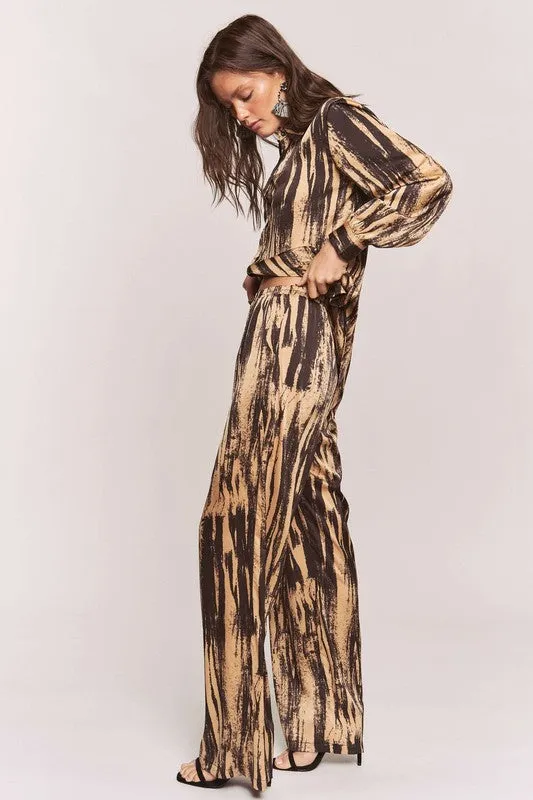 Satin Zebra Button Down Shirt   WideLeg Pants Set