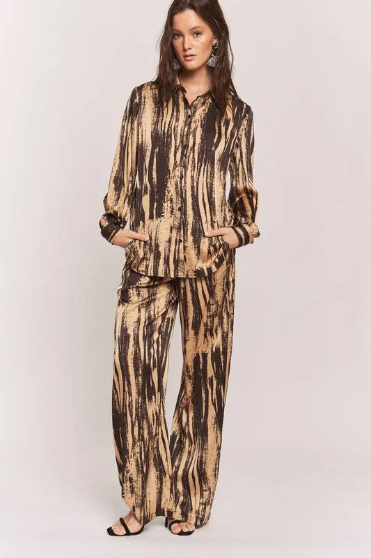 Satin Zebra Button Down Shirt   WideLeg Pants Set