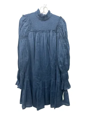 Sea New York Size 0 Navy Blue Ramie Ruffle Neck smocked Long Sleeve Dress