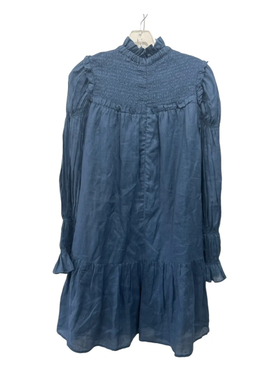 Sea New York Size 0 Navy Blue Ramie Ruffle Neck smocked Long Sleeve Dress