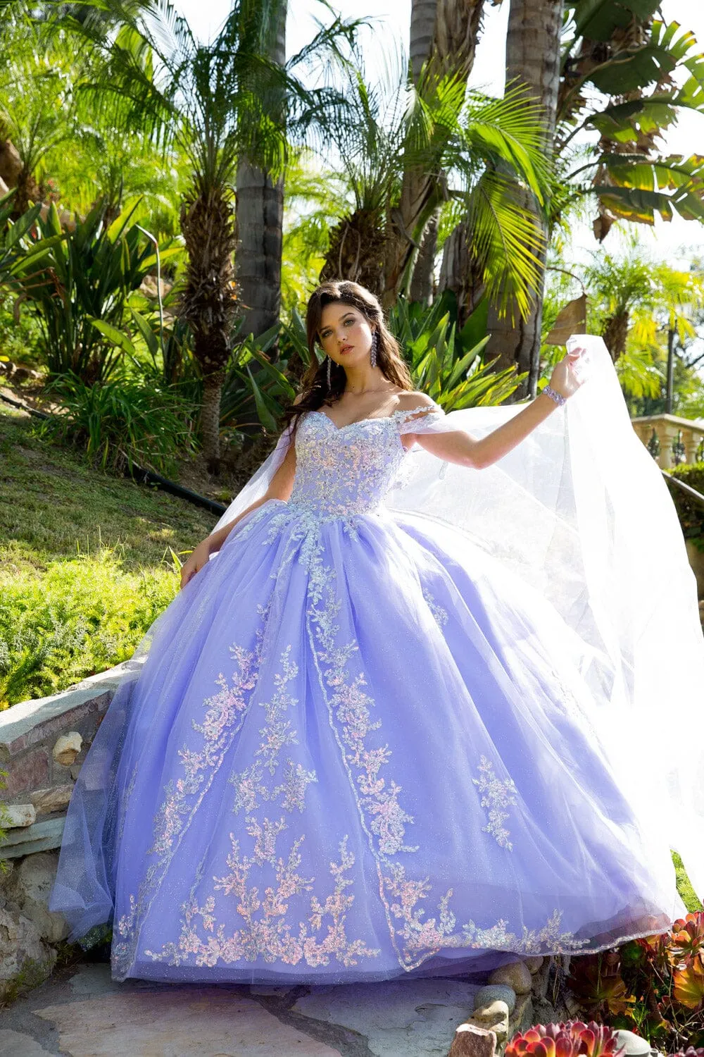 Sequin Applique Cape Sleeve Ball Gown by Petite Adele PQ1007