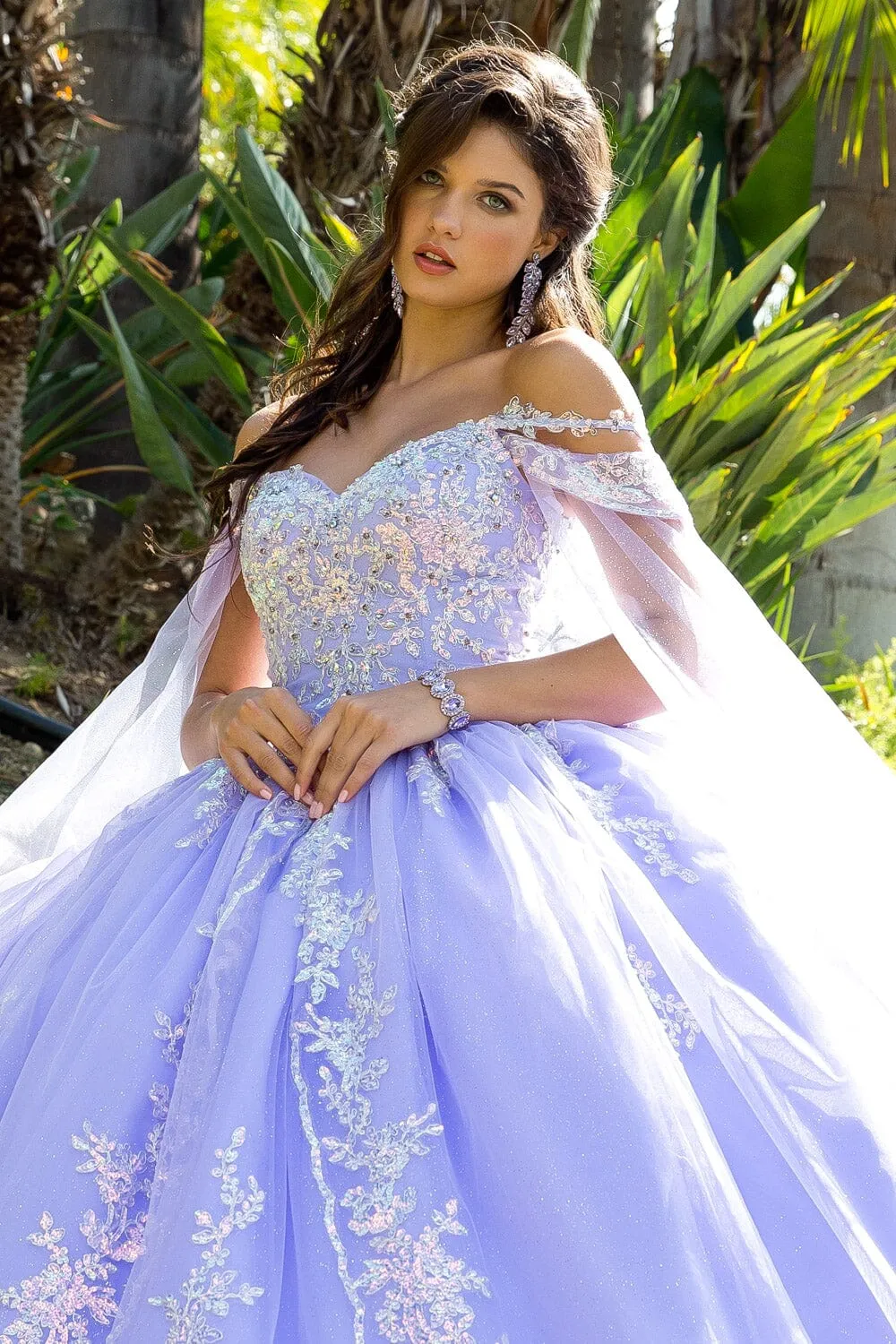 Sequin Applique Cape Sleeve Ball Gown by Petite Adele PQ1007