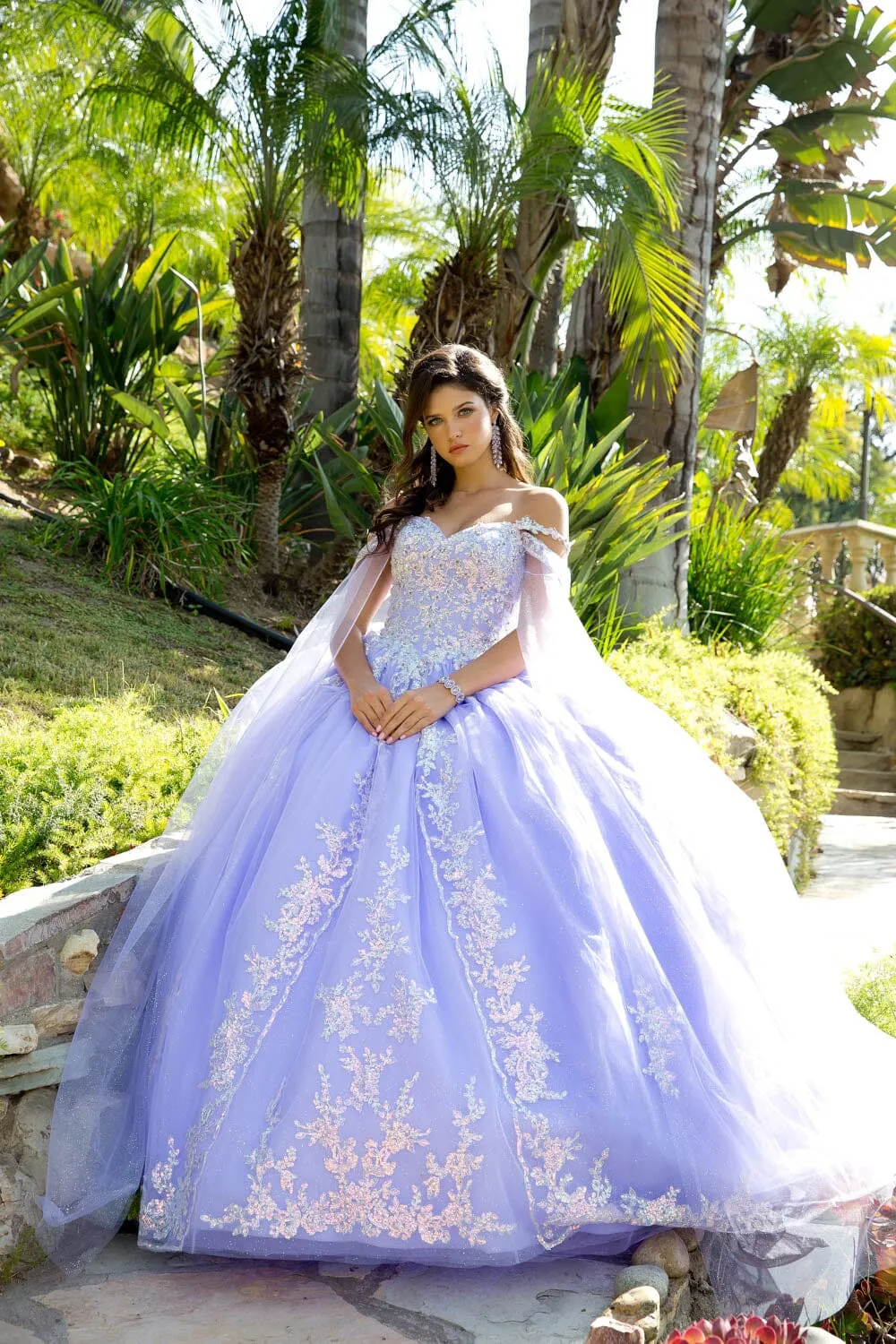 Sequin Applique Cape Sleeve Ball Gown by Petite Adele PQ1007