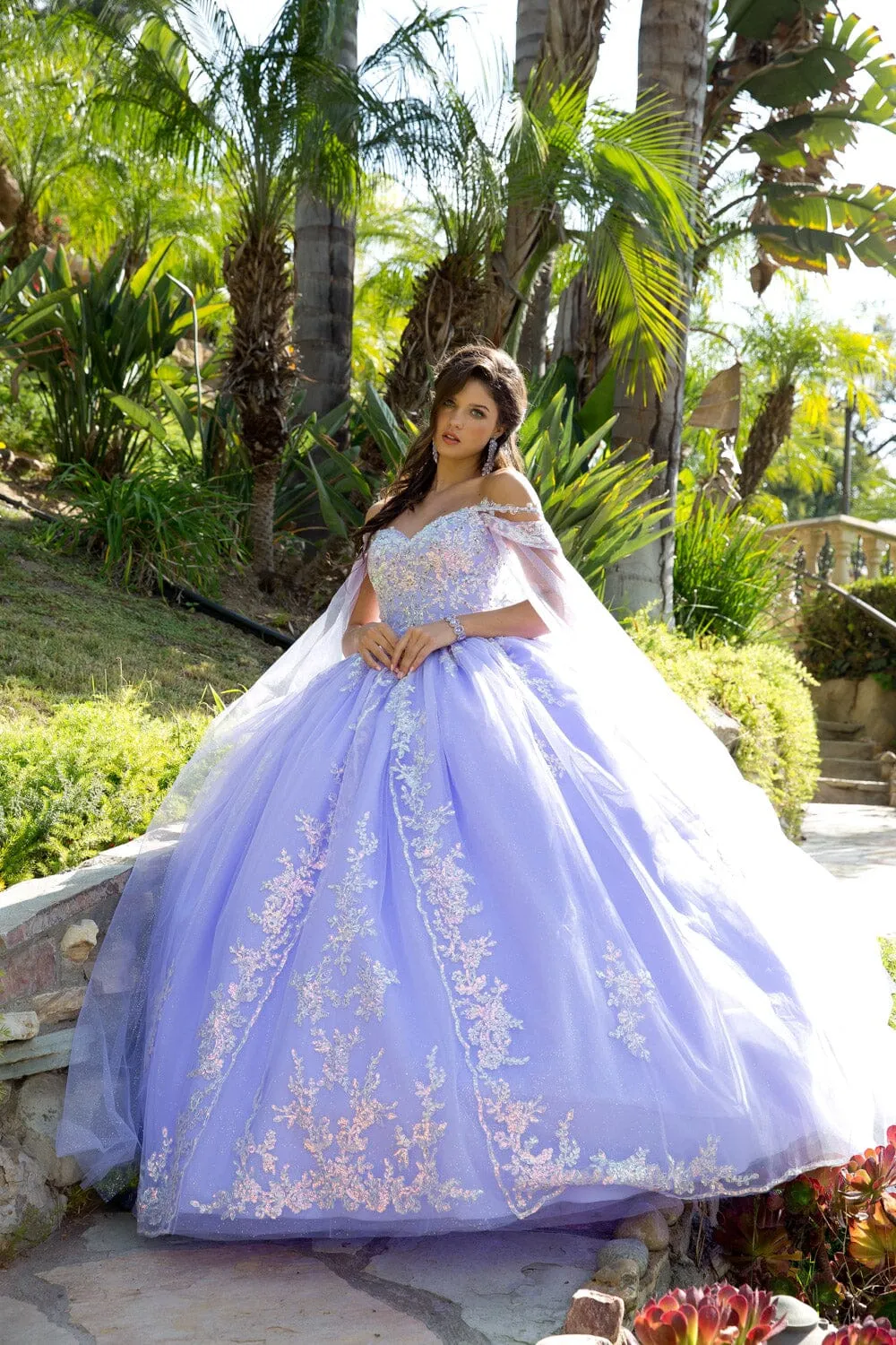 Sequin Applique Cape Sleeve Ball Gown by Petite Adele PQ1007