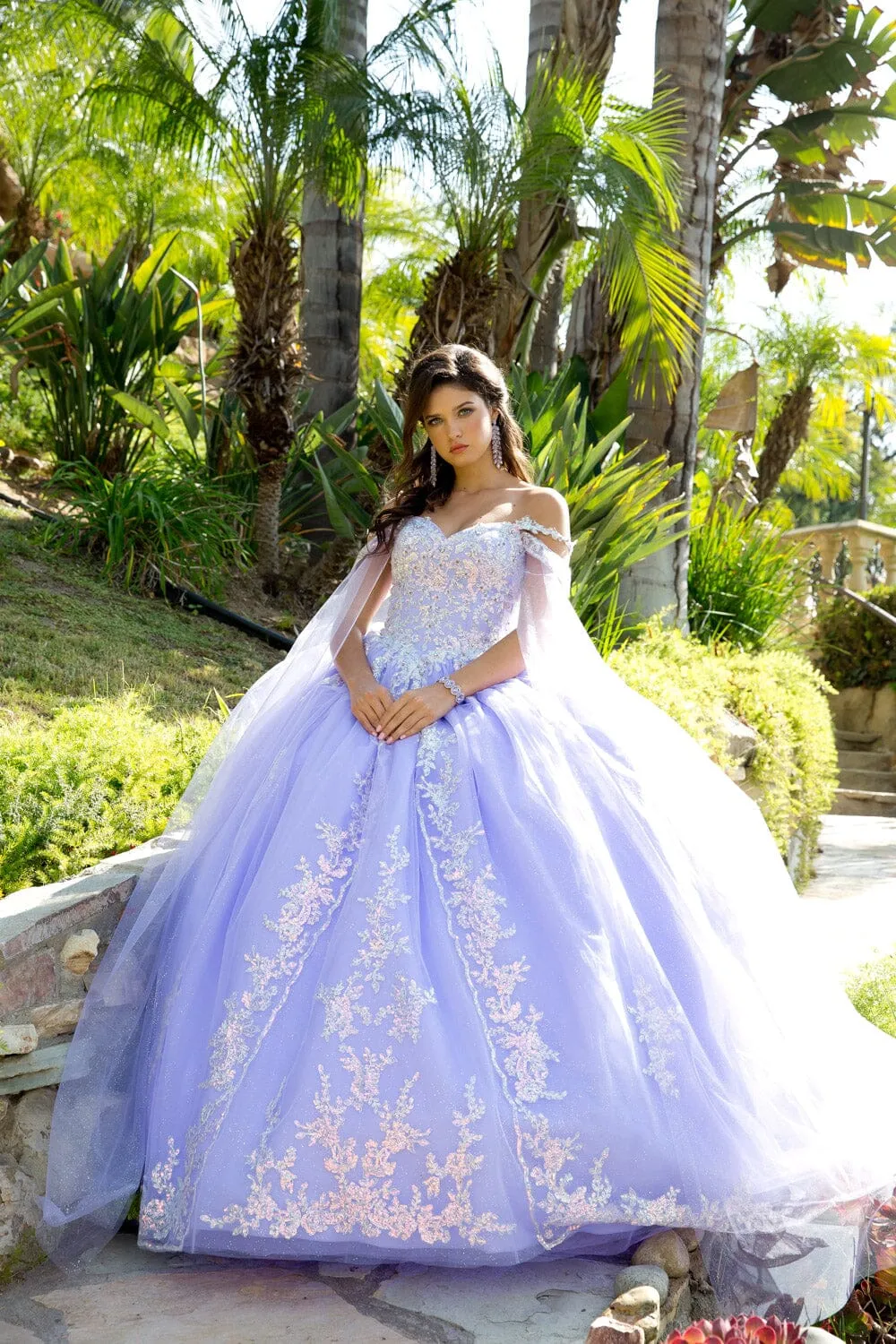 Sequin Applique Cape Sleeve Ball Gown by Petite Adele PQ1007