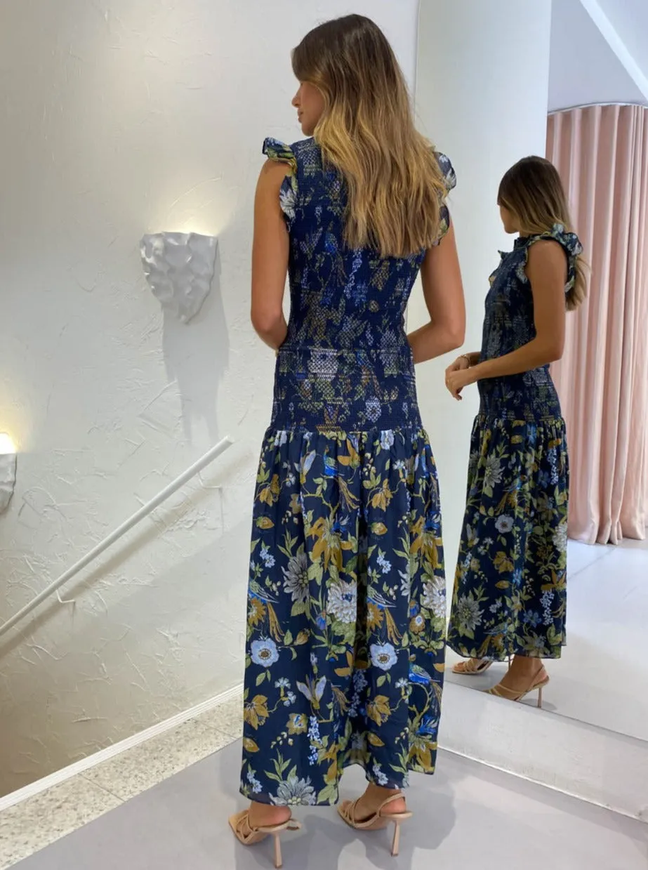 Sir Diana Smocked Midi Dress in Delia Print