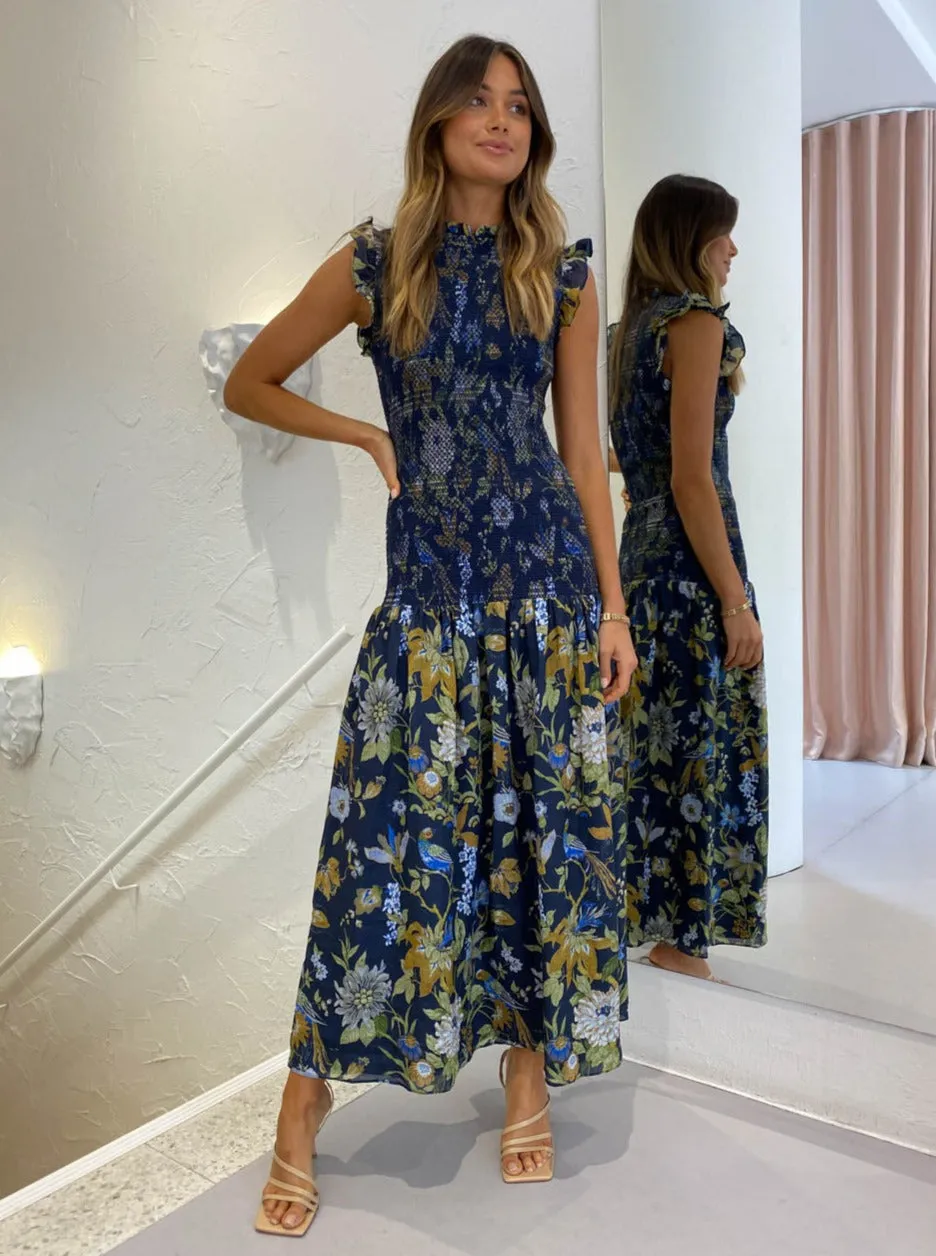 Sir Diana Smocked Midi Dress in Delia Print