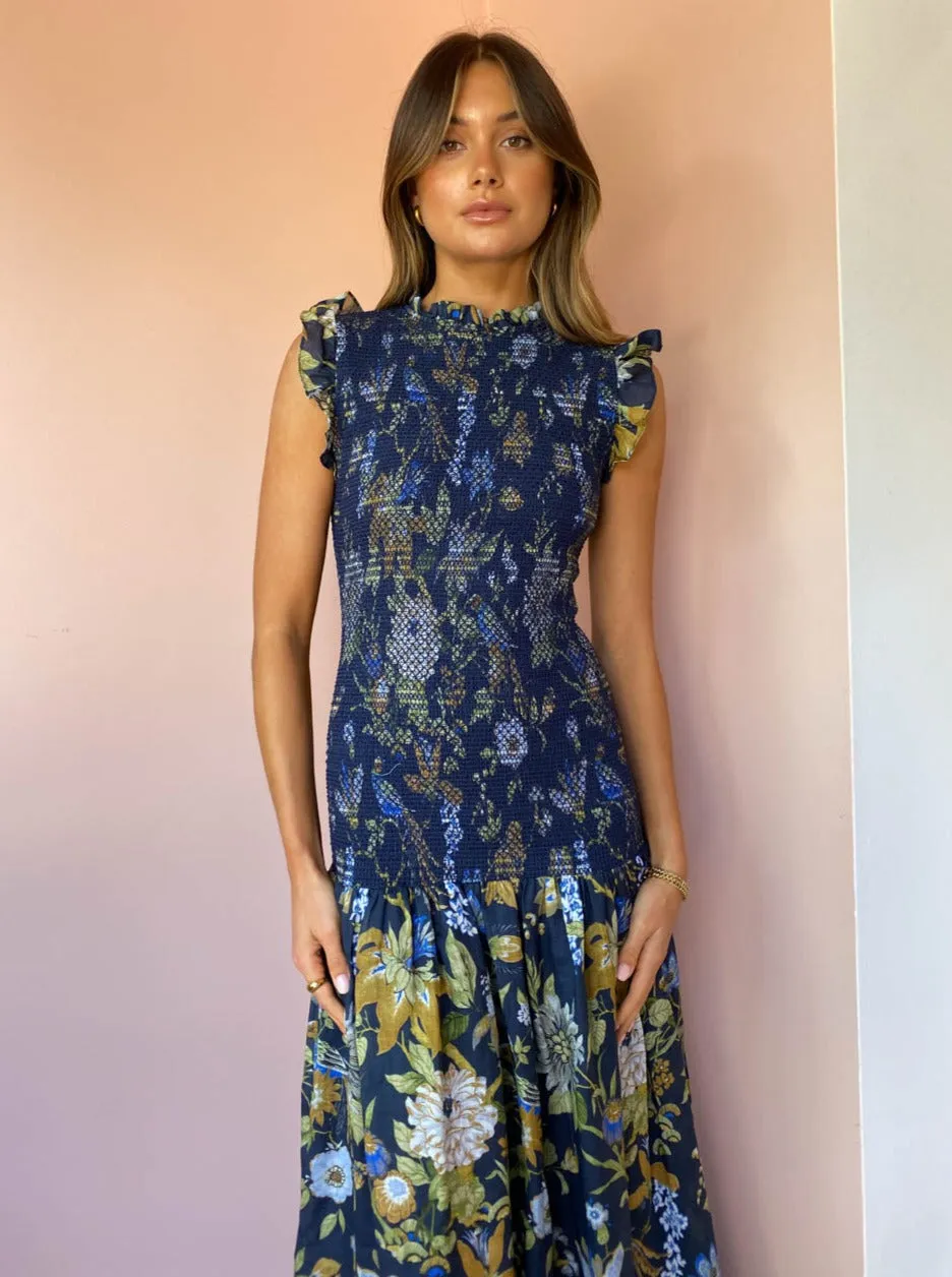 Sir Diana Smocked Midi Dress in Delia Print