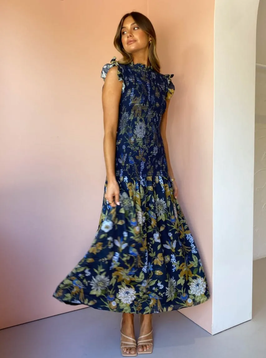 Sir Diana Smocked Midi Dress in Delia Print