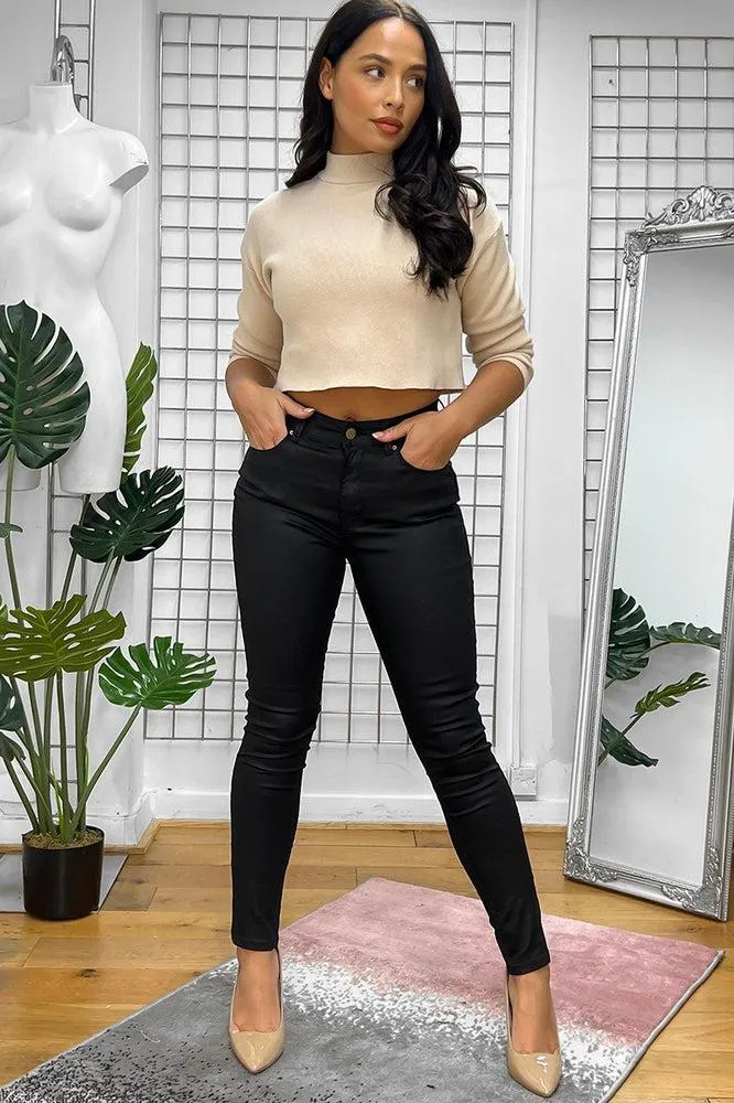 Skinny Black Leather Coated Trousers