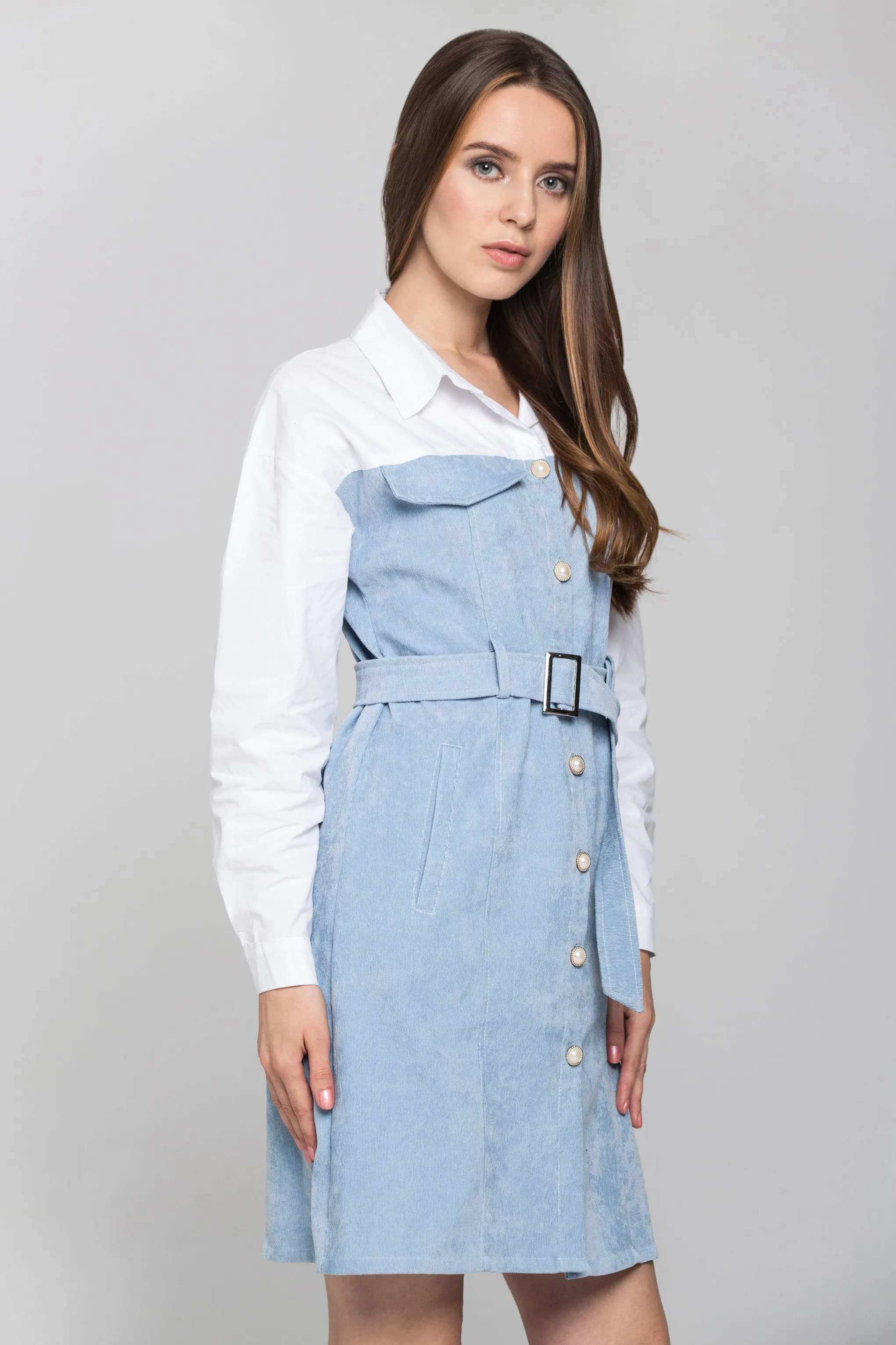 Slate Blue Chord and White Panel Belted Midi Shirt Dress