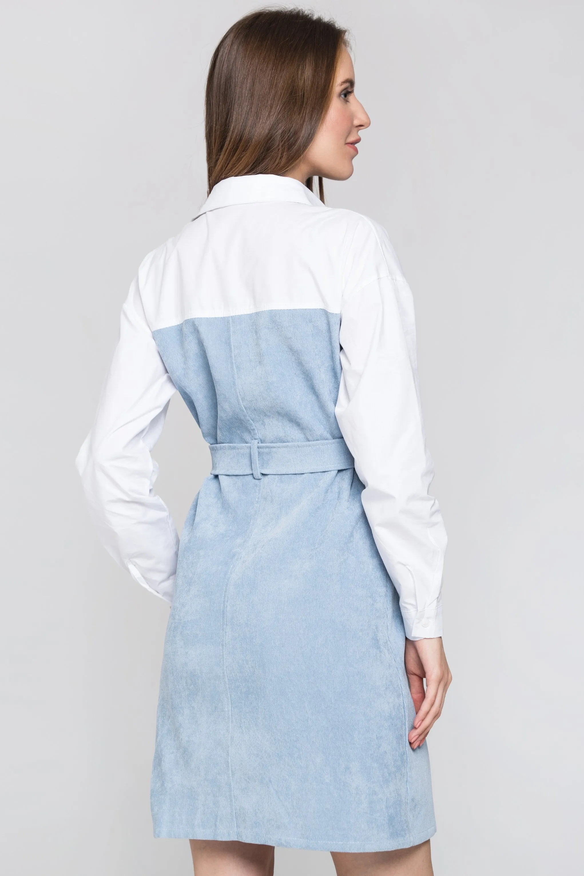Slate Blue Chord and White Panel Belted Midi Shirt Dress