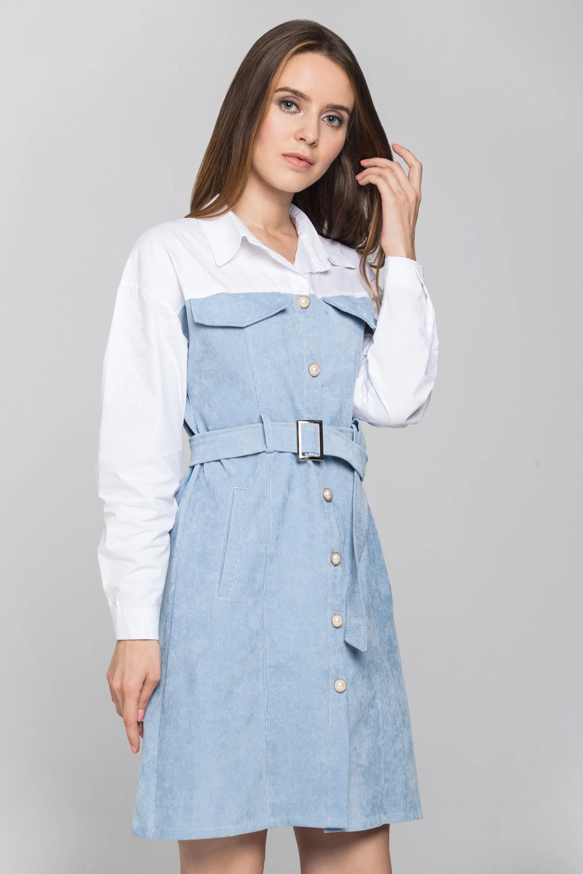 Slate Blue Chord and White Panel Belted Midi Shirt Dress