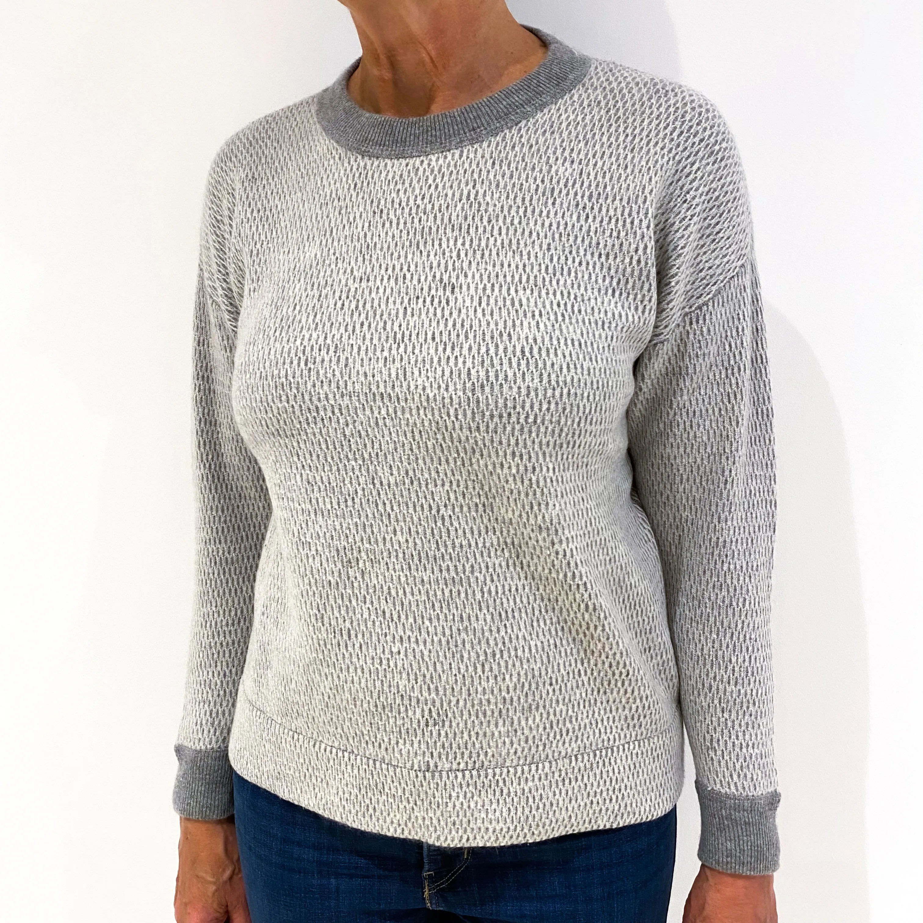 Smoke Grey Waffle Knit Cashmere Crew Neck Jumper Medium