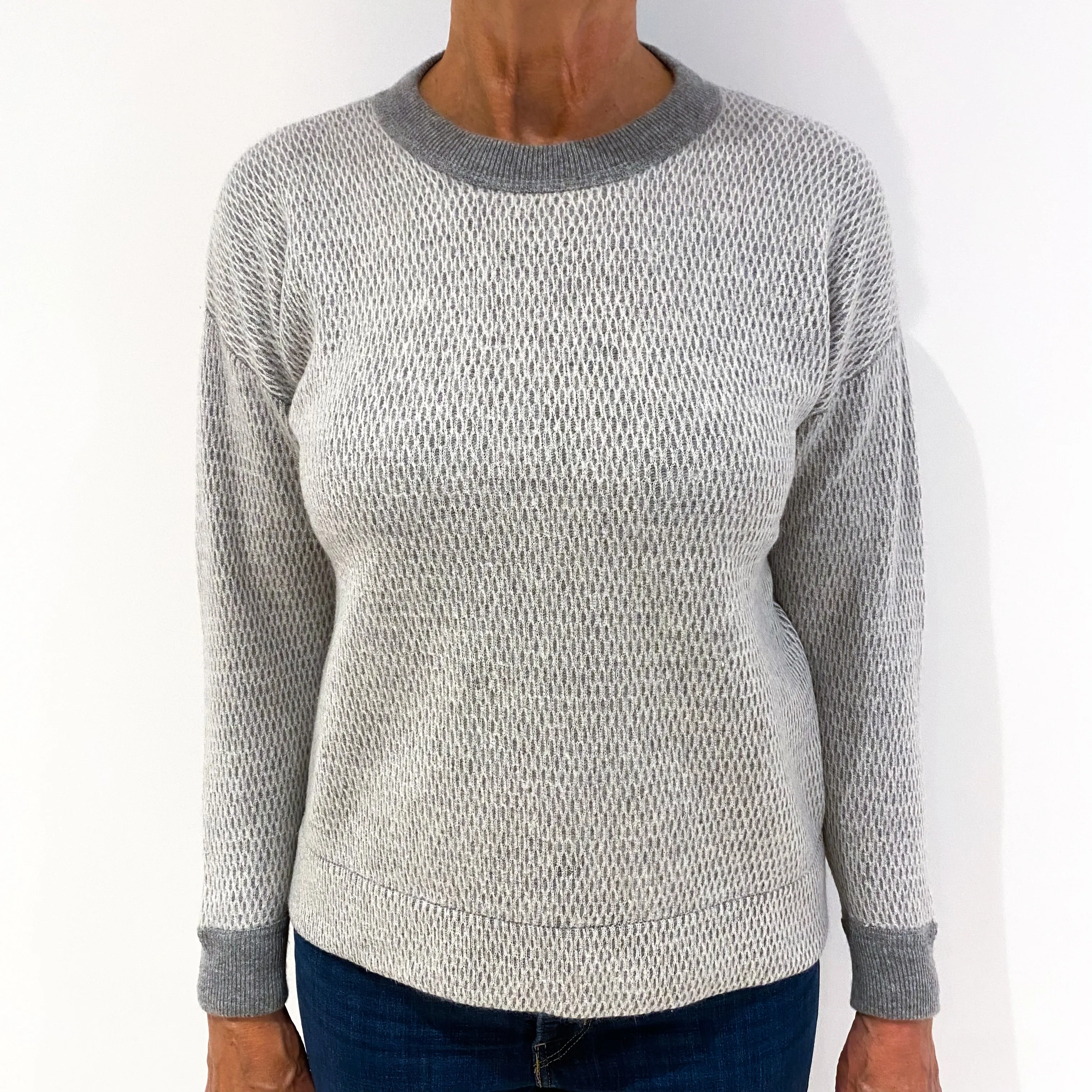 Smoke Grey Waffle Knit Cashmere Crew Neck Jumper Medium