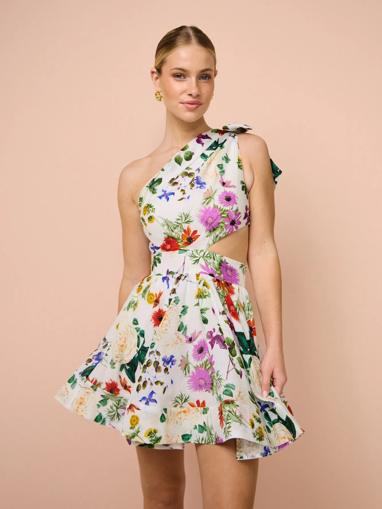 Sofia The Label Birdie One Shoulder Mini Dress in Enchanted Floral
