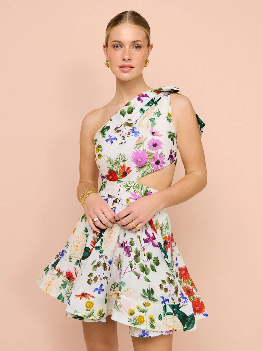 Sofia The Label Birdie One Shoulder Mini Dress in Enchanted Floral